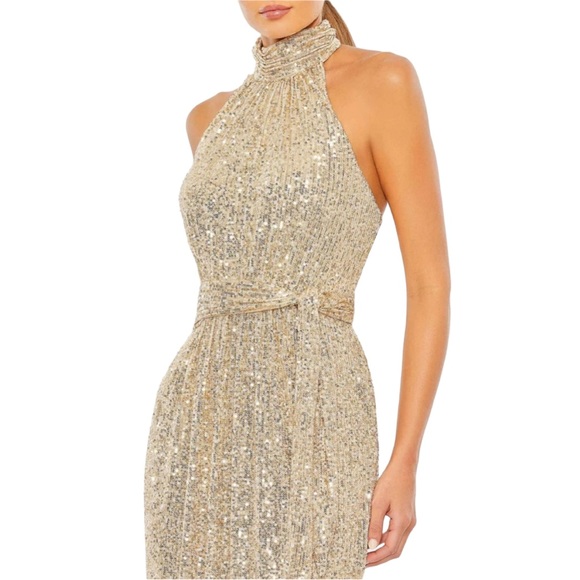 Ieena for Mac Duggal Sequin Halter Neck Sheath Gown gold size 12 - Picture 3 of 12